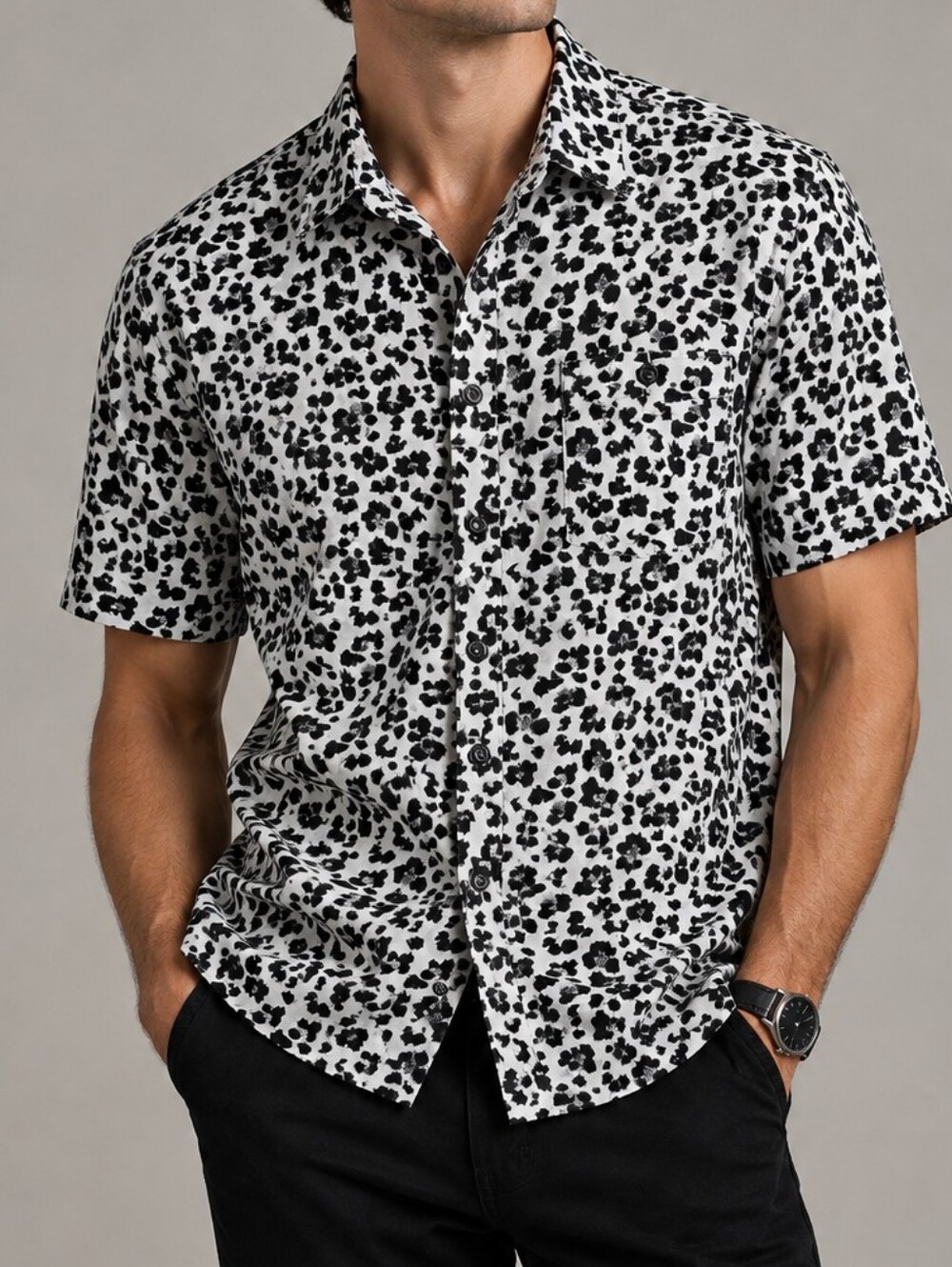 Snow Leopard Black & White Patterned Short-Sleeve Shirt Button Front Casual Larg